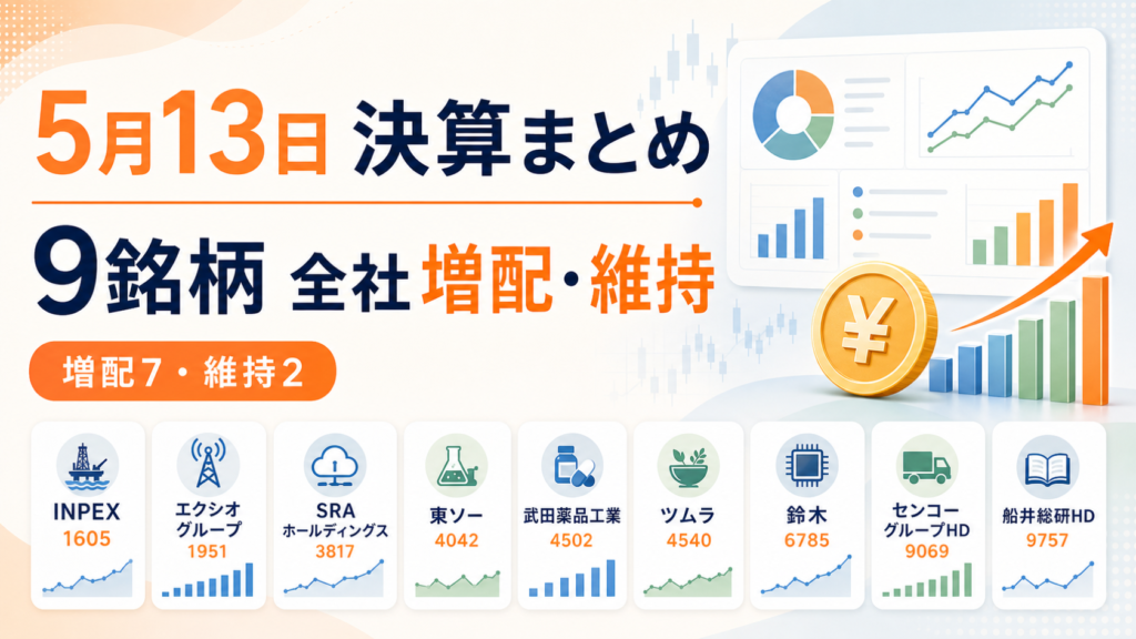9銘柄が全社増配・維持の好決算！通期ラッシュ【2026年5月13日】