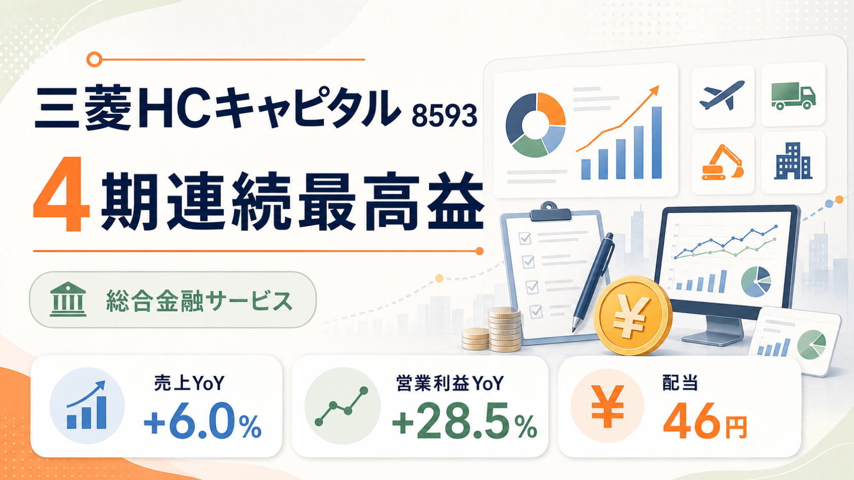 三菱HCキャピタル（8593）の2026年3月期決算。4期連続最高益と増配を示すバナー